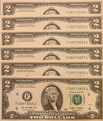 5 Uncirculated Two Dollar Bills ($2) Notes 2009 Consecutive/Sequential Numbers • $15.49