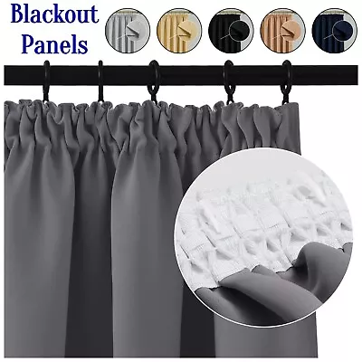 Blackout Curtains Pencil Pleat Ready Made Energy Saving Thermal Curtain Panels • £15.99