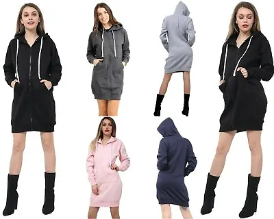 Women Hoodies Casual Zipper Sweatshirt Coat Ladies Long Hoodie Plain Mini Jumper • £14.99