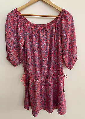 Vintage Tigerlily Off Shoulder Mini Dress Size 6 Pink Purple Floral Drawstring • $15