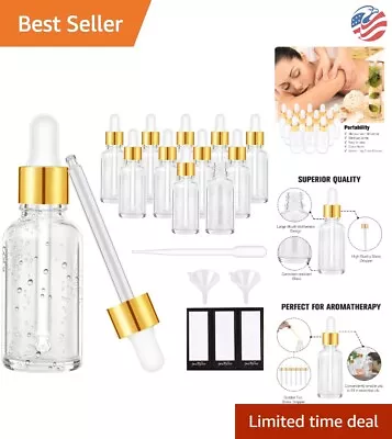 12 Pack Clear Glass Eye Dropper Bottles - 2 Oz Capacity - Golden Caps & Labels • $23.99