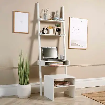 White 3 Tier Ladder Desk Unit Home Office Shelving Storage With Stool Included • £56.99