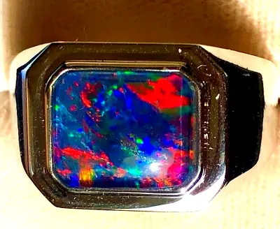 Heavy Classic VIDEO Solid 3c Black Fire Opal Men's Ring 12 Red Blue Sterling • $224