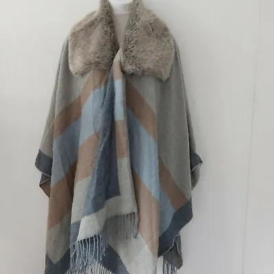 M&S Faux Fur Collared Shawl Check Natural Neutrals Throw On Cape One Size Fringe • £19.99