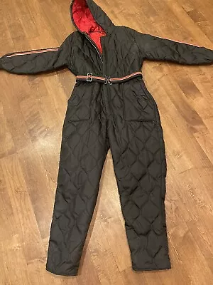Vintage Coverall Snow Suit One Piece Quilted Insulated Large Black Hooded • $38