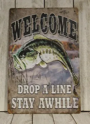 Fishing Tin Sign Rustic Vintage Style Cabin Man Cave Marina Dock Bait Shop Fish • $10.97