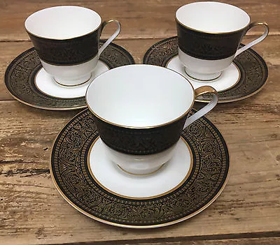 3 Tea Cup Saucer Sets Mikasa Mount Holyoke 60673 Gold Flowers Scrolls Black 114 • $46.39