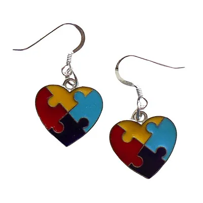 Autism Awareness Earrings 925 Sterling Silver Ear Wires Heart Charm IN GIFT BOX • $15.95
