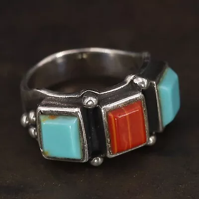 VTG Sterling Silver - SOUTHWESTERN Turquoise & Coral Pebbled Ring Size 6 - 7g • $26