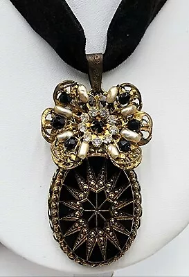 Vintage Miriam Haskell Signed Black & Gold Necklace Velvet Choker RARE Gorgeous  • $135