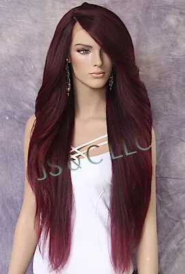 $98.59 • Buy Human Hair Blend 38  Long Lace Front Layered Textured Burgundy Mix Heat OK RPU
