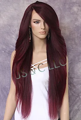 Human Hair Blend 38  Long Lace Front Layered Textured Burgundy Mix Heat OK RPU • $98.59