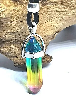 Aura Rainbow Pendant Necklace Quartz Crystal Gemstone Healing Chakra Titanium • £3.95