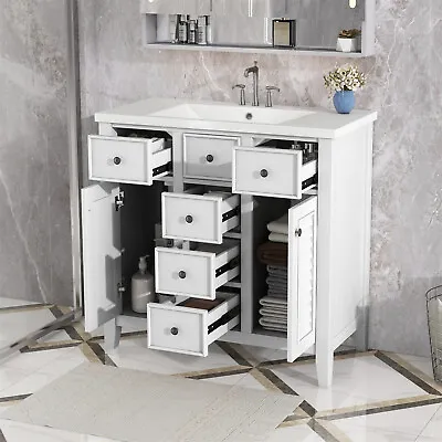36  Bathroom Vanity Cabinet With Ceramic Basin With 2 Cabinets And Five Drawers • $199.49