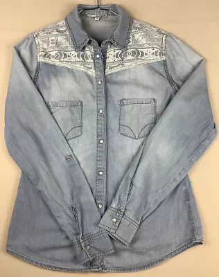 Denim Chambray Shirt Western Style Pearl Poppers Lace Shoulders Size M • £10