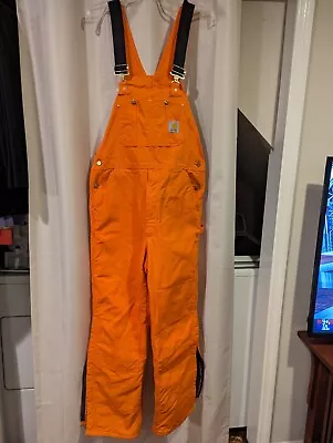 Carhart Men Safety Orange Quilted Lined Bib Overall Workwear Size 36x32 R02 BLZ • $58.50