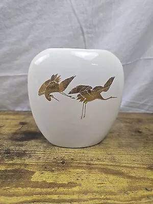 Vintage Mid Century Modern White W Gold Cranes Oval Vase Otagiri Japan Perfect • $17.19