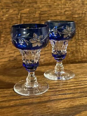 2 ~ VAL ST LAMBERT  Belgium ~ Cobalt Blue Cut To Clear Cordial Glasses • $93.95