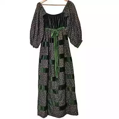 Vintage 70s Mr. Hank Velvet Maxi Dress Medium Green Patchwork Floral Puff Sleeve • $99.20