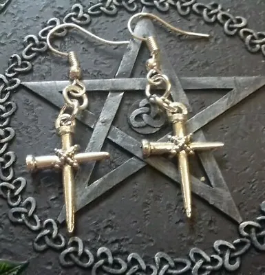 Unisex Silver Holy Cross Earrings • Bound Nails • Crucifix • Gothic • Drop  • $6.21