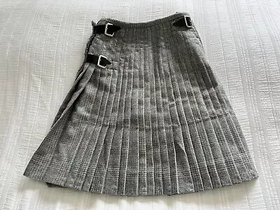 Vintage Glenlyon Tweed Mill Grey Blue Tartan Kilt Skirt Size 8-10 Leather Buckle • $87.11