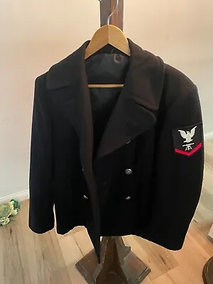 Vintage Post WWII US NAVY Pea Coat Mens Size 36S 100% Wool Fire Control Insignia • $120