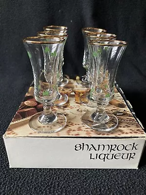 Vintage Footed Irish Shamrock Cordial Shot Glasses Gold Trim Set Of 6 W/Box • $22