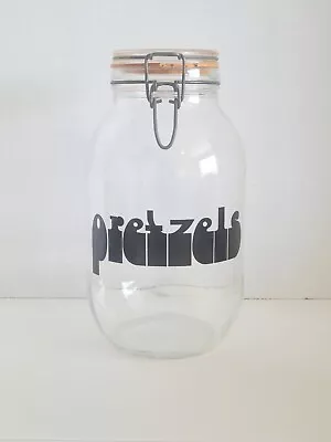 Vintage Pretzels Glass Storage Jar Triomphe Attached Lid Retro Mod Typography 🥨 • $29.95