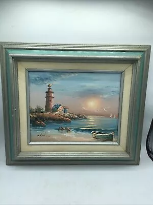 Vtg Oil On Canvas  Painting Lighthouse Seashore Nautical Framed Signed Gartland • $103