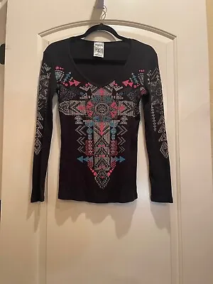 Vocal Women's Black Henley Type Shirt W/aztec/rhinestones/embroidery SZ S/M • $23.75