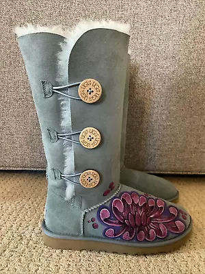 UGG 1873 Boots  Bailey Button Triplet Hand Painted Sz 8 Blue Gray • $74.95