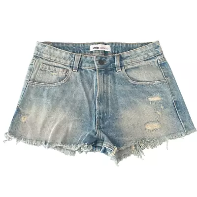 NWOT Zara Light Blue Distressed Raw Hem Denim Jean Shorts Size 8 Waist 29 • $15.99