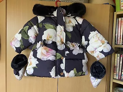 TED BAKER BABY GIRL NAVY FLORAL PADDED WINTER COAT WITH MITTENS 6-9m BNWT • £40