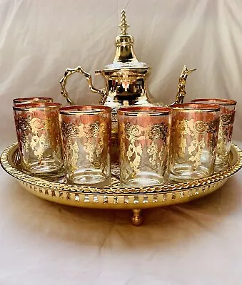 Moroccan Handmade Tea Set 6 Tea Glasses Teapot Tea Tray Luxury Homeware*New* • $325