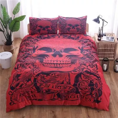 3D Gothic Tattoo Printed Bedding Quilt Red Skull Duvet & Pillow Cover Set • £24.99