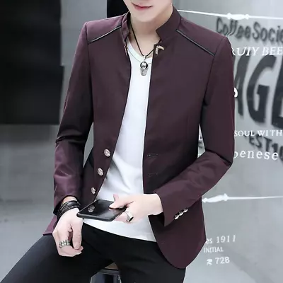 Korean Men's Slim Fit Blazer Jacket Single Breasted Stand Collar Long Sleeve New • $67.40