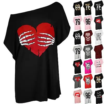 £5.49 • Buy Womens Ladies Batwing Sleeve Printed Off Shoulder Bardot Oversized T-Shirt Top