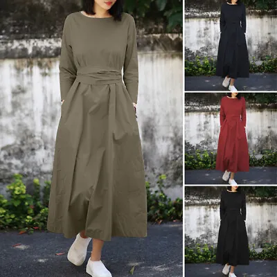 UK Womens Long Sleeve Solid Cotton Maxi Dress Casual Loose Caftan A Line Dresses • £12.63