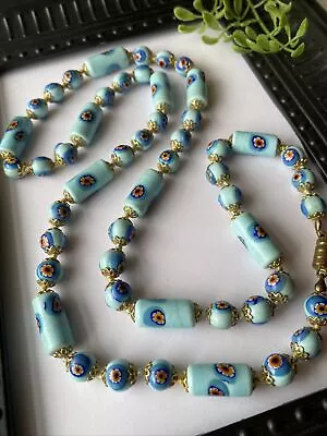 Vintage Venetian Millefiori Blue On Blue Glass Bead 28” Necklace  Knotted • $12