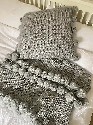 M&S Grey Knitted Pom-Pom Throw And Cushion • £30