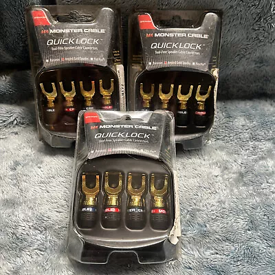 3pk 12 Pcs Monster Quick Lock Gold Angled Spade Modular Speaker Cable Connector • $199.99