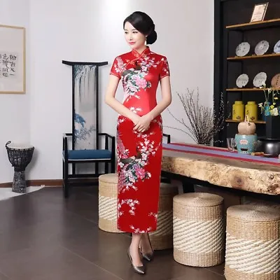 New Luxurious Red Satin Phoenix Chinese Long Dress Cheongsam Qipao Lcdress50 • £13.99