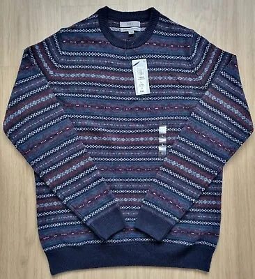 Ex M&S Mens Fair Isle Crew Neck Jumper LARGE Navy Pure Extra Fine Lambswool • £34.99