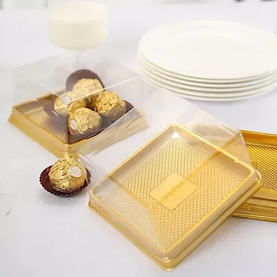 CLEAR GOLD 50 Square 4  Plastic Mini Dessert FAVOR BOXES Cupcake Holders Party • $11.82