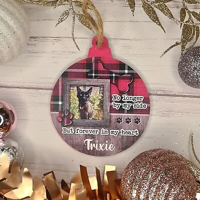 Pet Personalised Memorial Wooden Christmas Tree Bauble Decoration - Pink - Photo • £4.99