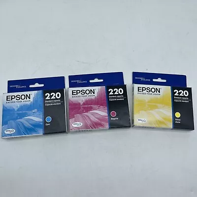 3 Epson 220 Cyan Magenta Yellow Ink Set T220520 Exp 2025+ OEM Retail Box • $9.99