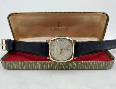 Vintage 9k 9ct Solid Gold Lanco Mens Cushion Watch + Box (Unisex) • £315