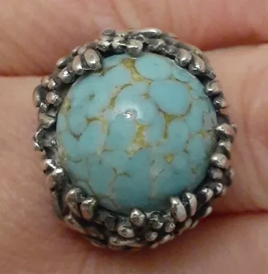 Vintage Sterling Silver Marble Glass Stone Textured Ring Size 6 Marked 925 • $54