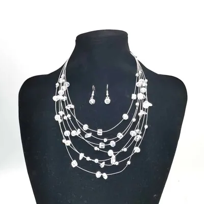 Natural Stone Crystal Multi Layer Bib Statement Necklace And Earrings Gift Set • £8.99