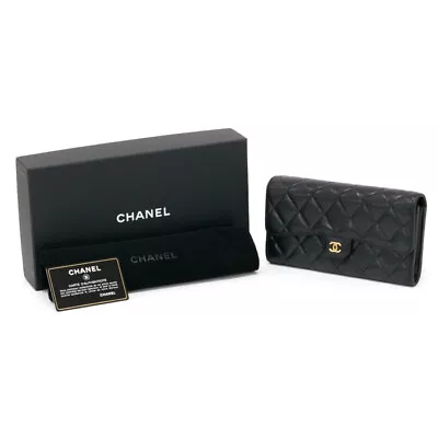 CHANEL Matelasse Classic Long Flap Wallet Lambskin Leather A80758 Black • $489